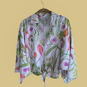 Breezy Colorful Botanical Tie Front Button Down Tropical Floral Summer Blouse